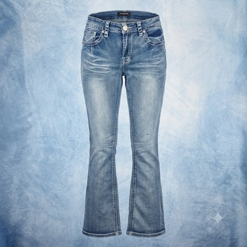 Fire & Rain Denim Girls Blue Medium Wash Flare Jeans Size 13 Rhinestone Button